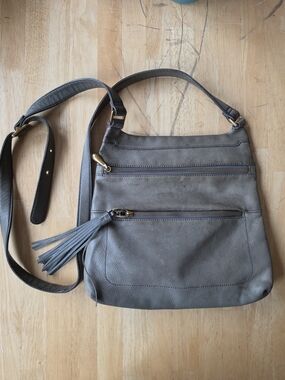HOBO The Original Greenish Grey Leather Hobo Crossbody Tassel Fringe Purse